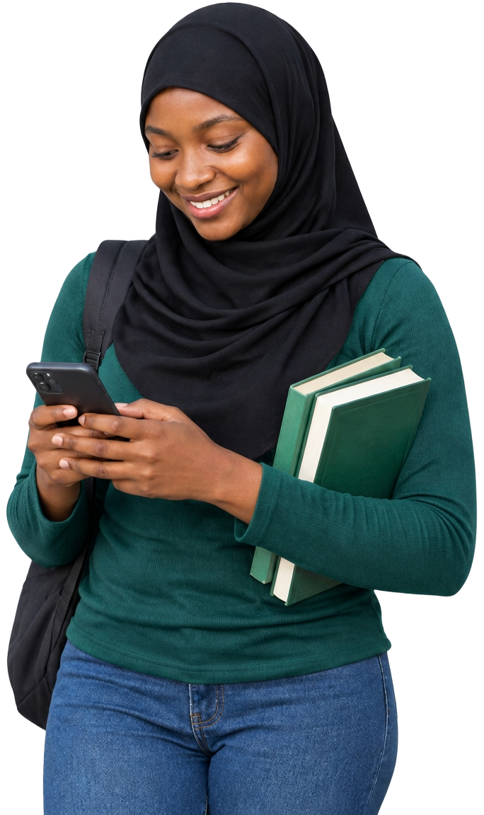 Student in a green top holding a smartphone, with books and a backpack